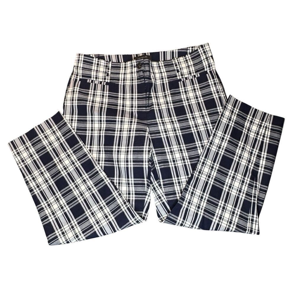 Ann Taylor Sz 8 Cotton Cropped Pants Navy Blue White Plaid Mid Rise Classic 0971